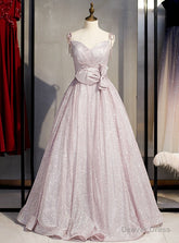 A-Line Pink Sequins Spaghetti Straps Prom Dress With Bow